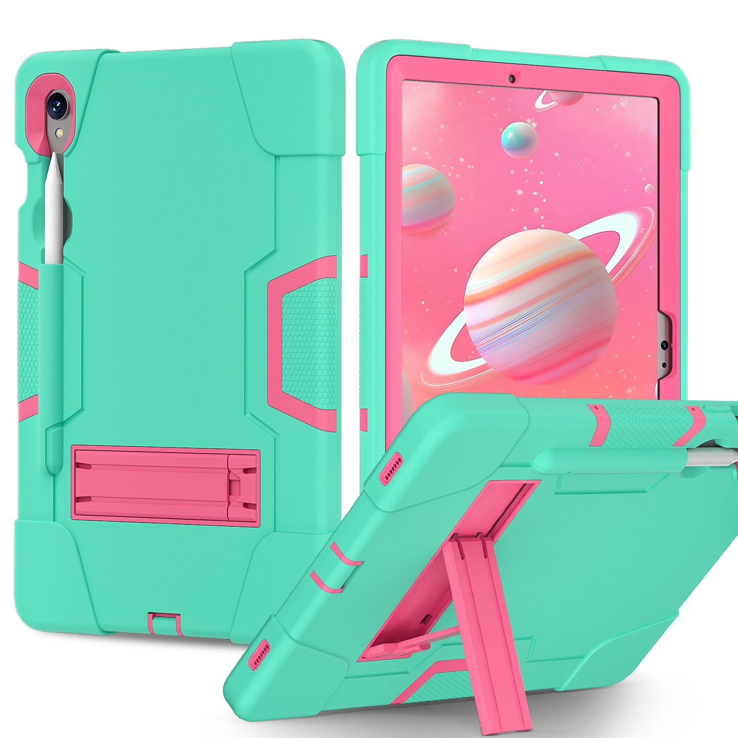 Silicone + PC Tablet Case for Samsung Galaxy Tab S9 SM-X710 / S9 FE SM-X510 Robot Style Dual Color Kickstand Cover - Mint Green / Rose Red