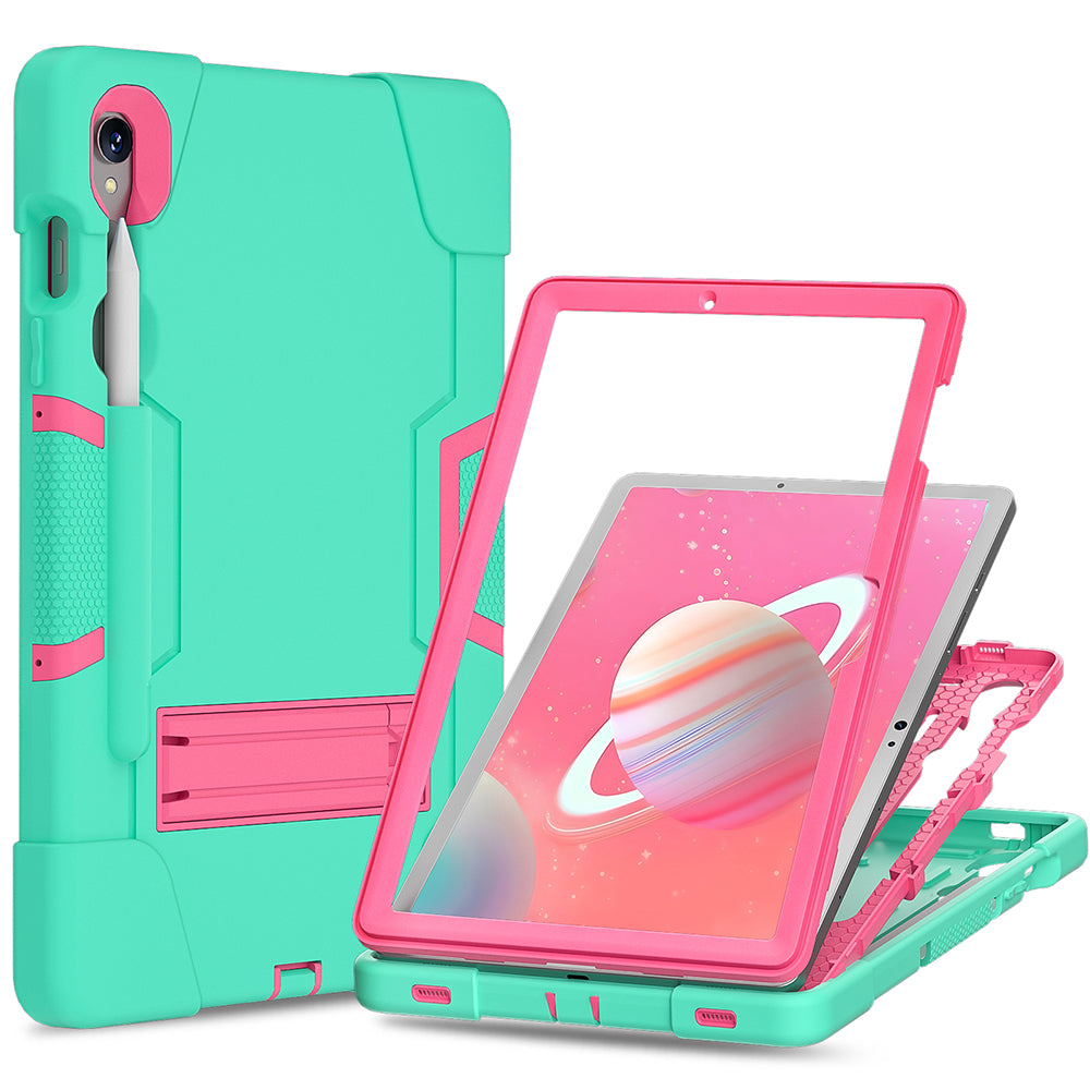 Silicone + PC Tablet Case for Samsung Galaxy Tab S9 SM-X710 / S9 FE SM-X510 Robot Style Dual Color Kickstand Cover - Mint Green / Rose Red
