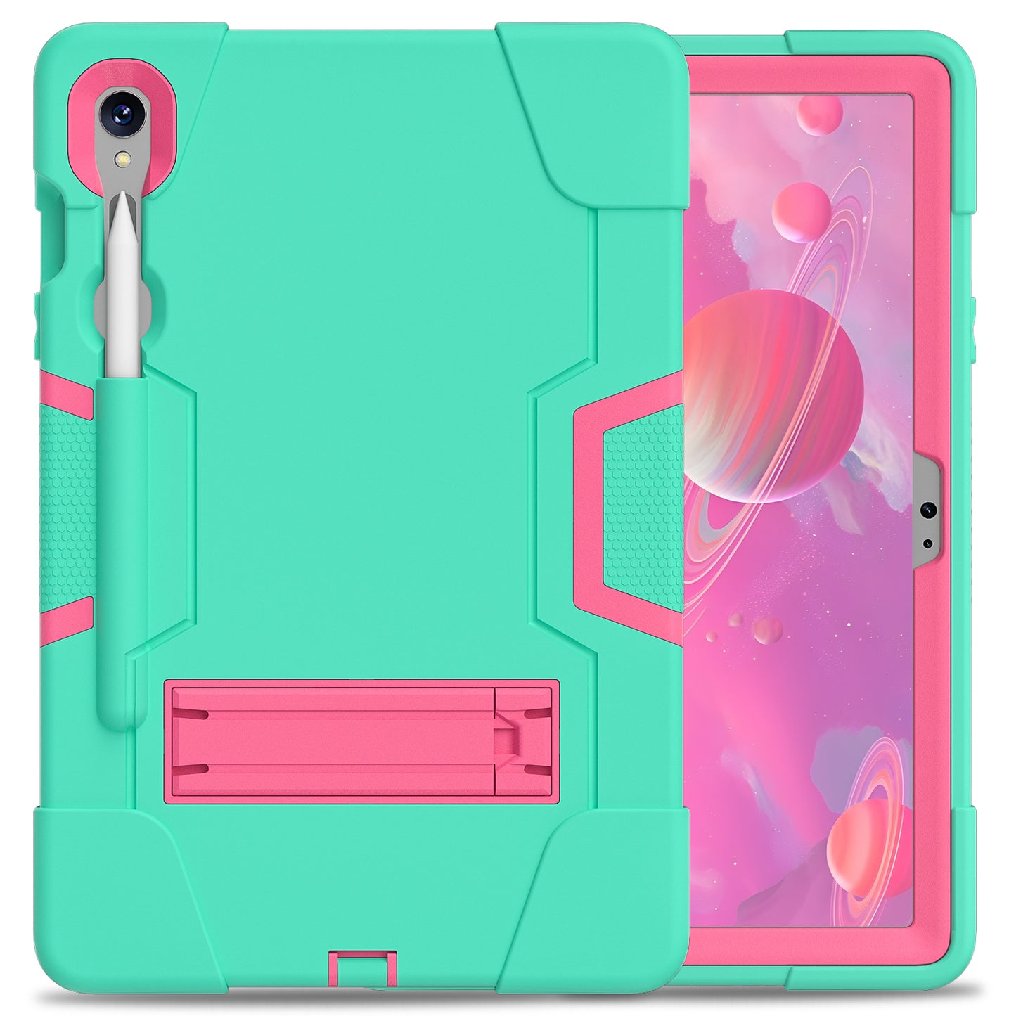 Silicone + PC Tablet Case for Samsung Galaxy Tab S9 SM-X710 / S9 FE SM-X510 Robot Style Dual Color Kickstand Cover - Mint Green / Rose Red