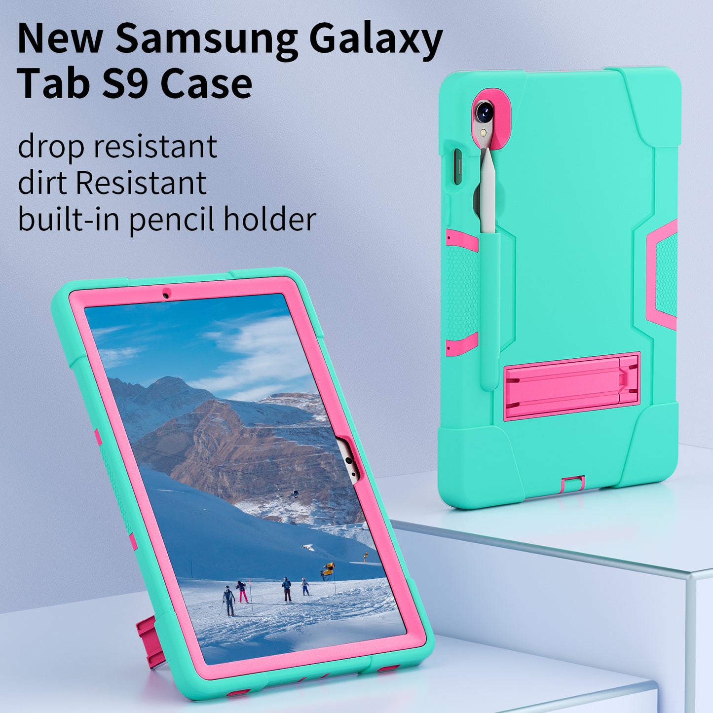 Silicone + PC Tablet Case for Samsung Galaxy Tab S9 SM-X710 / S9 FE SM-X510 Robot Style Dual Color Kickstand Cover - Mint Green / Rose Red