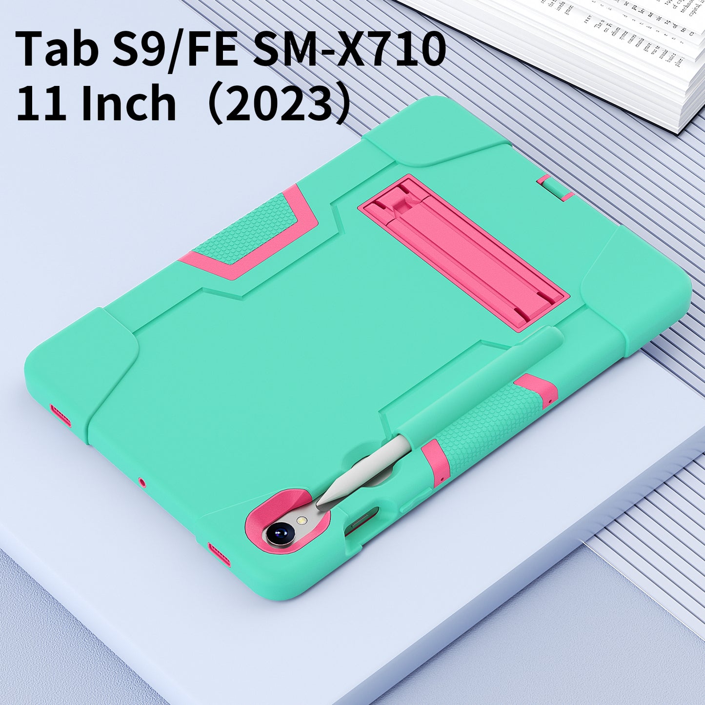 Silicone + PC Tablet Case for Samsung Galaxy Tab S9 SM-X710 / S9 FE SM-X510 Robot Style Dual Color Kickstand Cover - Mint Green / Rose Red