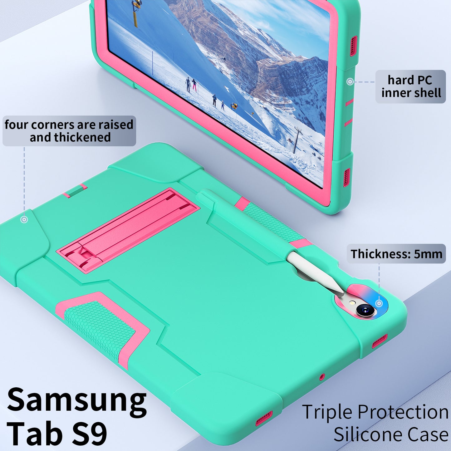 Silicone + PC Tablet Case for Samsung Galaxy Tab S9 SM-X710 / S9 FE SM-X510 Robot Style Dual Color Kickstand Cover - Mint Green / Rose Red