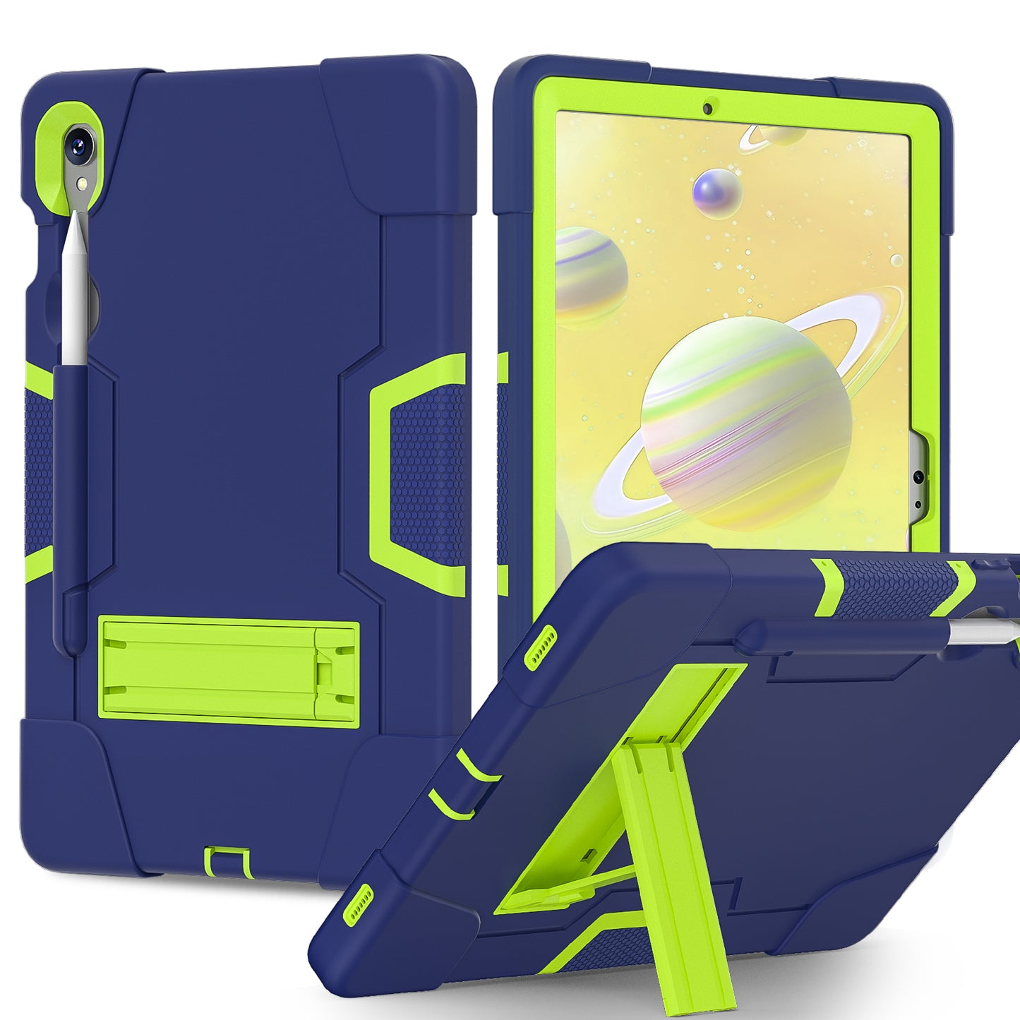Silicone + PC Tablet Case for Samsung Galaxy Tab S9 SM-X710 / S9 FE SM-X510 Robot Style Dual Color Kickstand Cover - Navy Blue / Yellow Green