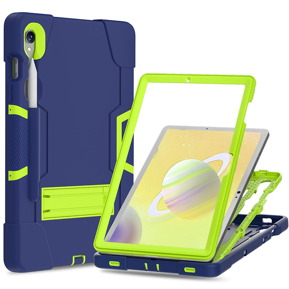 Silicone + PC Tablet Case for Samsung Galaxy Tab S9 SM-X710 / S9 FE SM-X510 Robot Style Dual Color Kickstand Cover - Navy Blue / Yellow Green