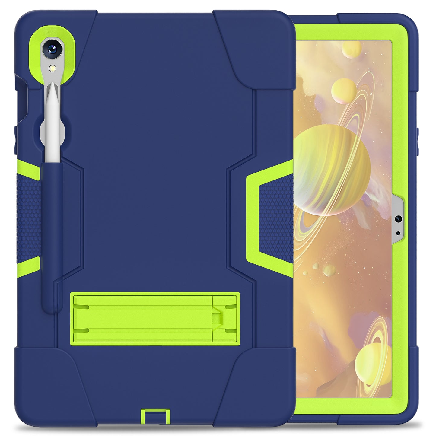 Silicone + PC Tablet Case for Samsung Galaxy Tab S9 SM-X710 / S9 FE SM-X510 Robot Style Dual Color Kickstand Cover - Navy Blue / Yellow Green