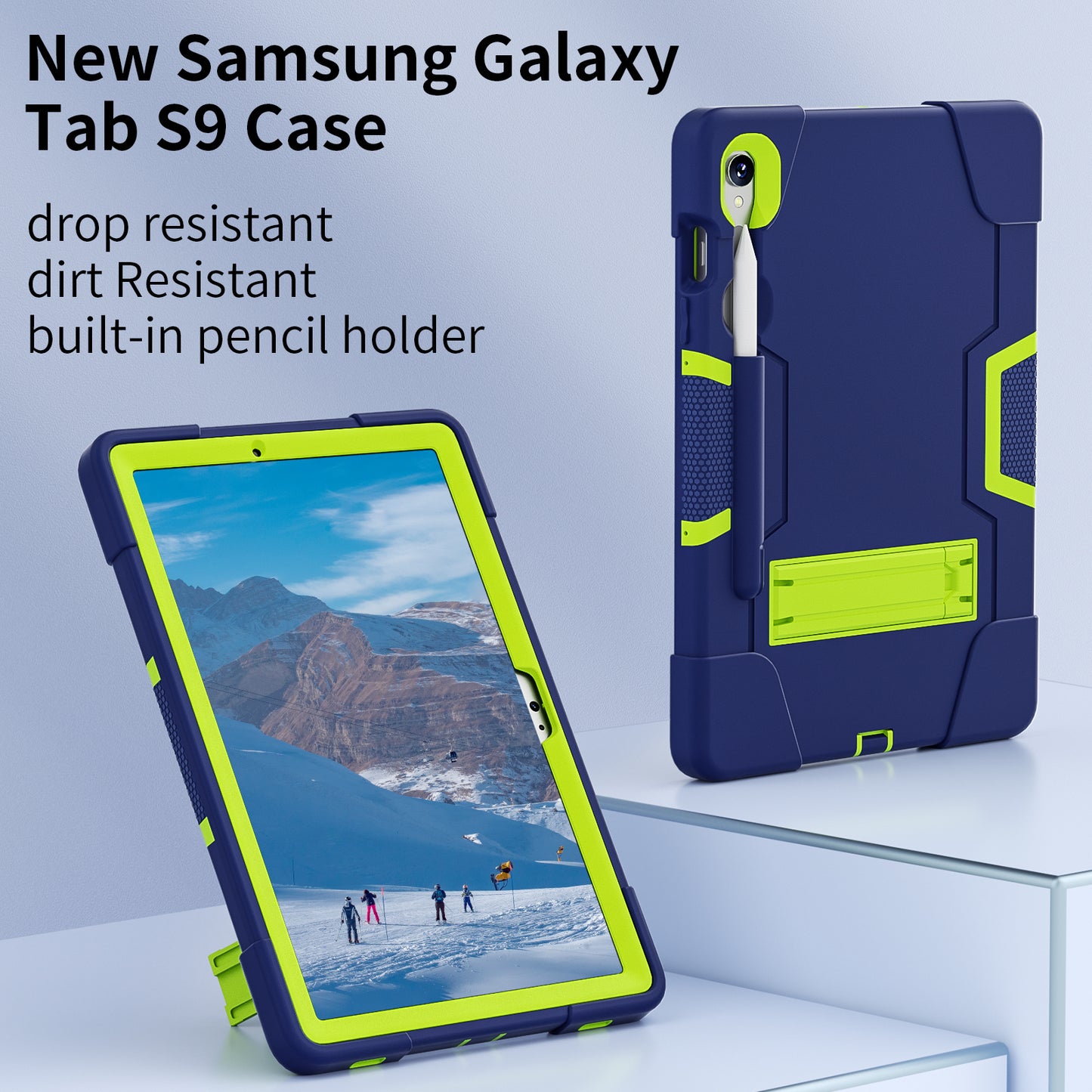 Silicone + PC Tablet Case for Samsung Galaxy Tab S9 SM-X710 / S9 FE SM-X510 Robot Style Dual Color Kickstand Cover - Navy Blue / Yellow Green