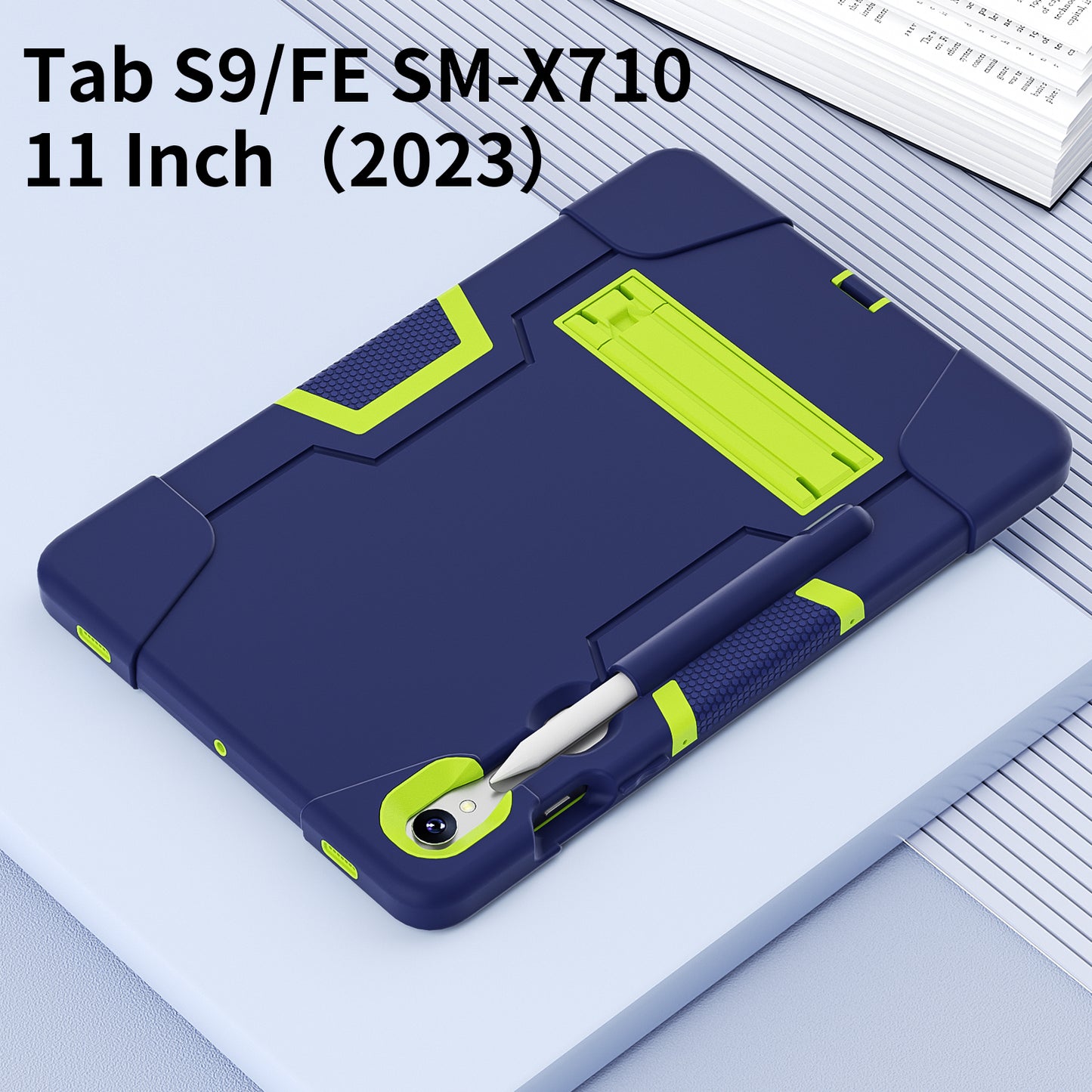 Silicone + PC Tablet Case for Samsung Galaxy Tab S9 SM-X710 / S9 FE SM-X510 Robot Style Dual Color Kickstand Cover - Navy Blue / Yellow Green