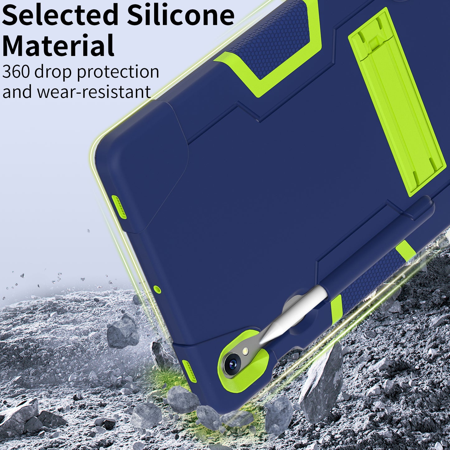 Silicone + PC Tablet Case for Samsung Galaxy Tab S9 SM-X710 / S9 FE SM-X510 Robot Style Dual Color Kickstand Cover - Navy Blue / Yellow Green