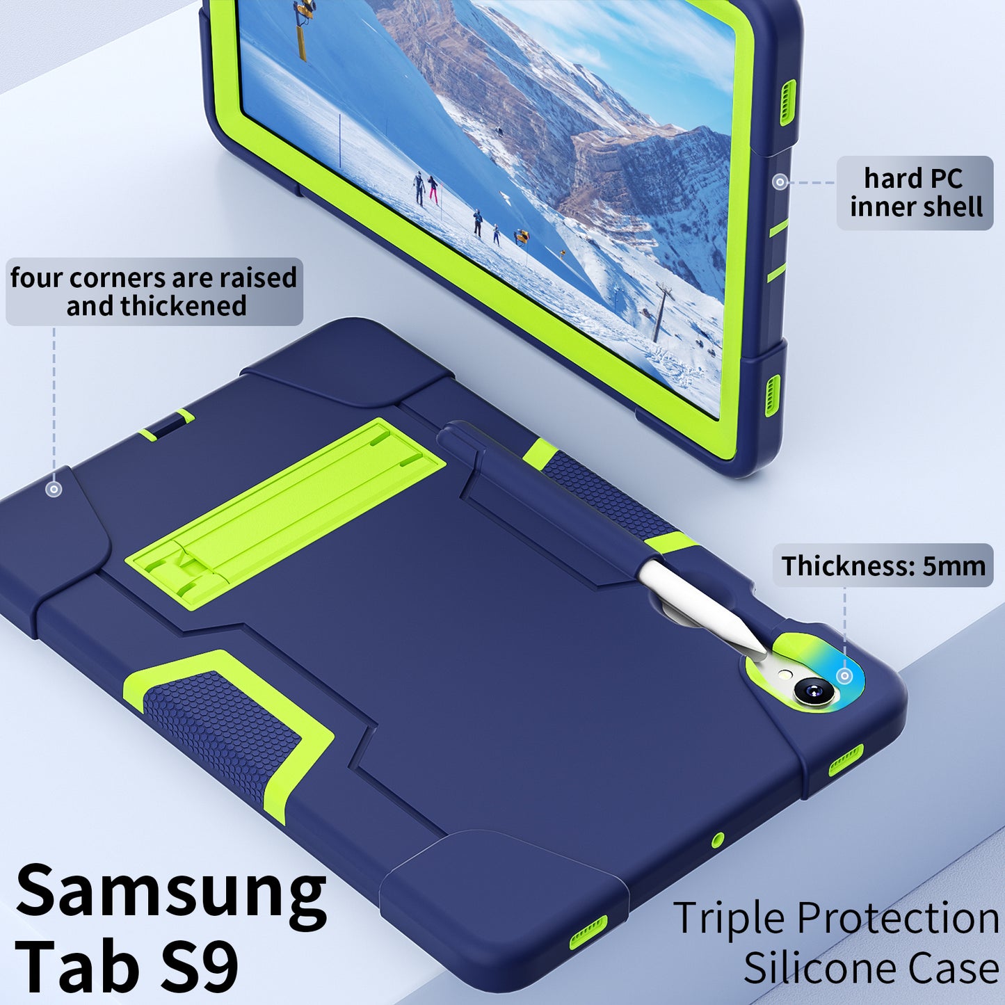 Silicone + PC Tablet Case for Samsung Galaxy Tab S9 SM-X710 / S9 FE SM-X510 Robot Style Dual Color Kickstand Cover - Navy Blue / Yellow Green