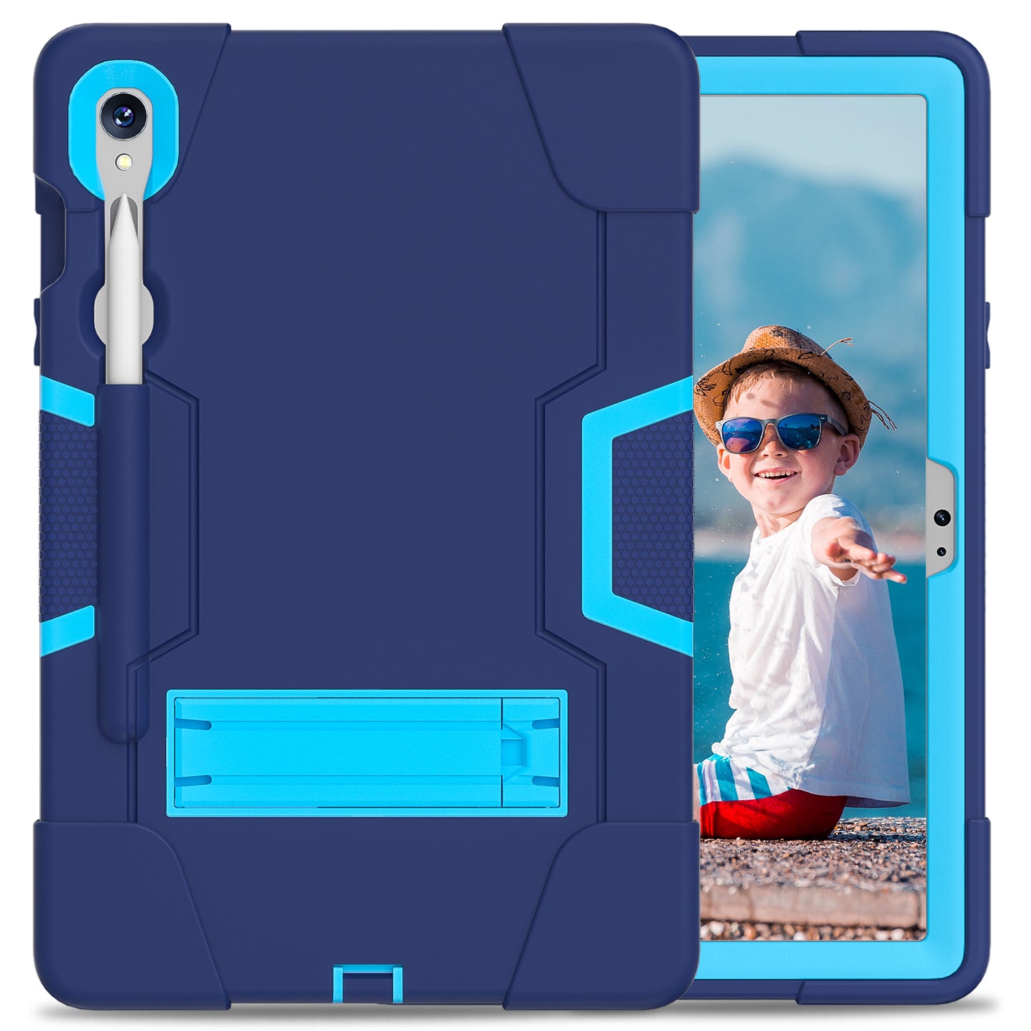 Silicone + PC Tablet Case for Samsung Galaxy Tab S9 SM-X710 / S9 FE SM-X510 Robot Style Dual Color Kickstand Cover - Navy Blue / Blue