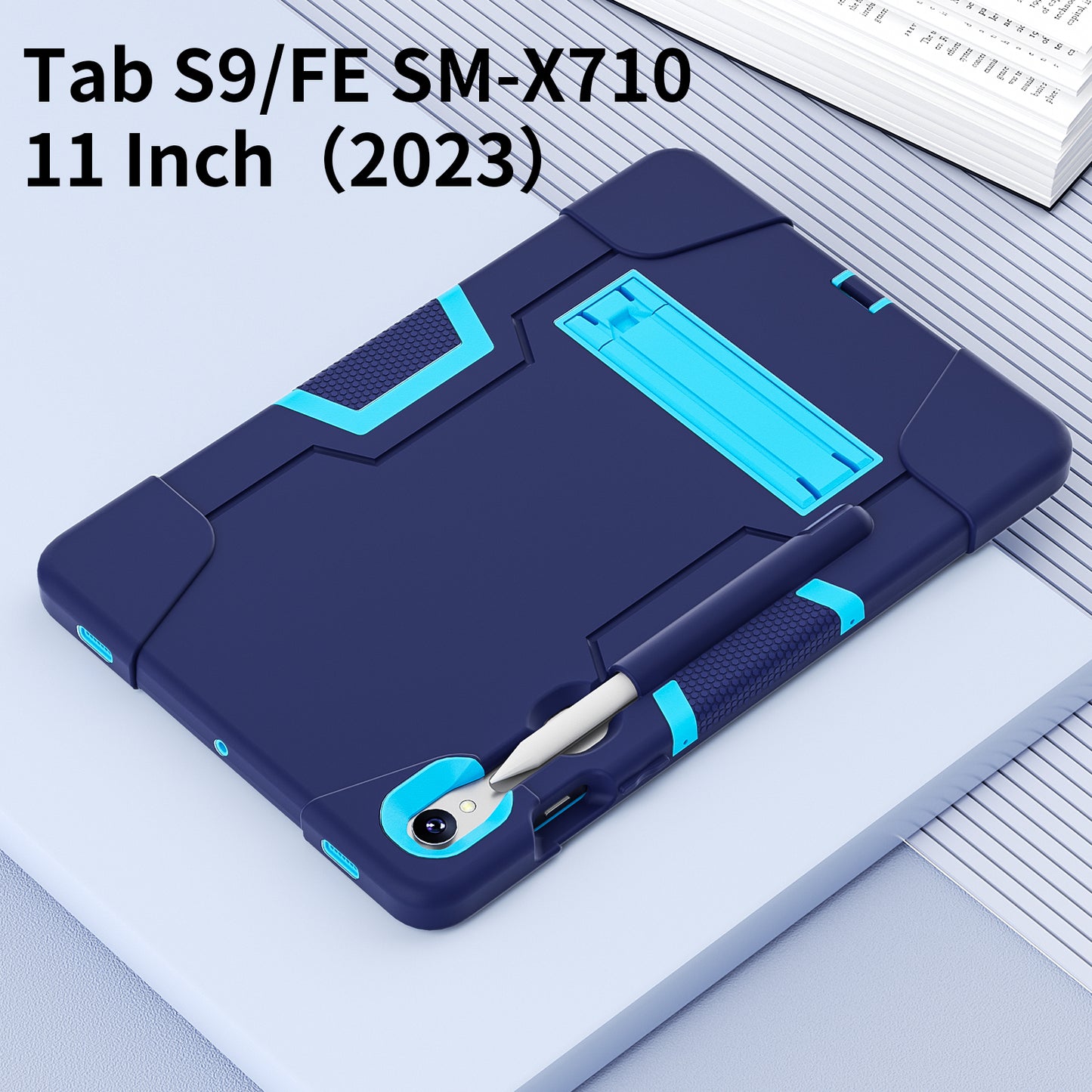 Silicone + PC Tablet Case for Samsung Galaxy Tab S9 SM-X710 / S9 FE SM-X510 Robot Style Dual Color Kickstand Cover - Navy Blue / Blue