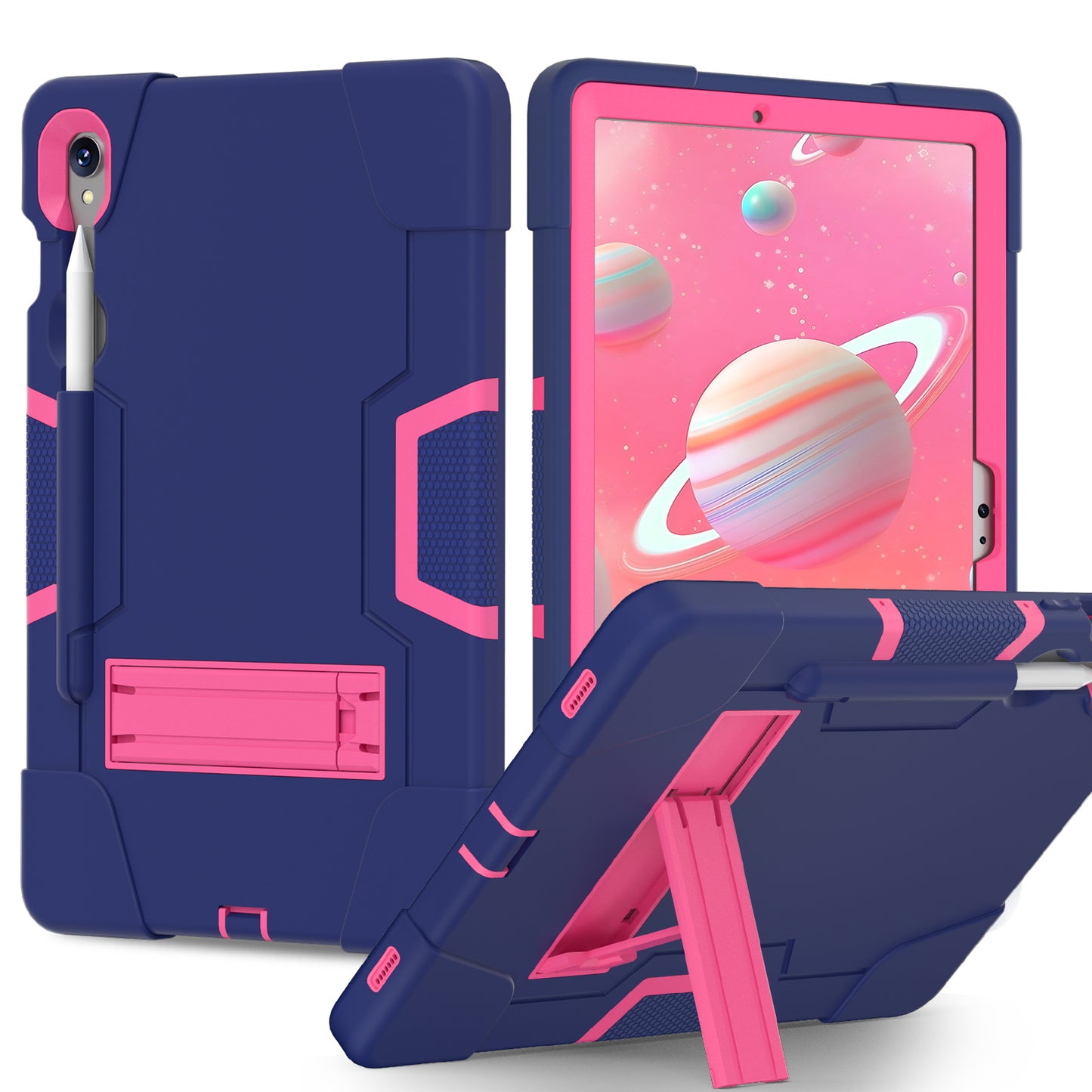 Silicone + PC Tablet Case for Samsung Galaxy Tab S9 SM-X710 / S9 FE SM-X510 Robot Style Dual Color Kickstand Cover - Navy Blue / Rose Red