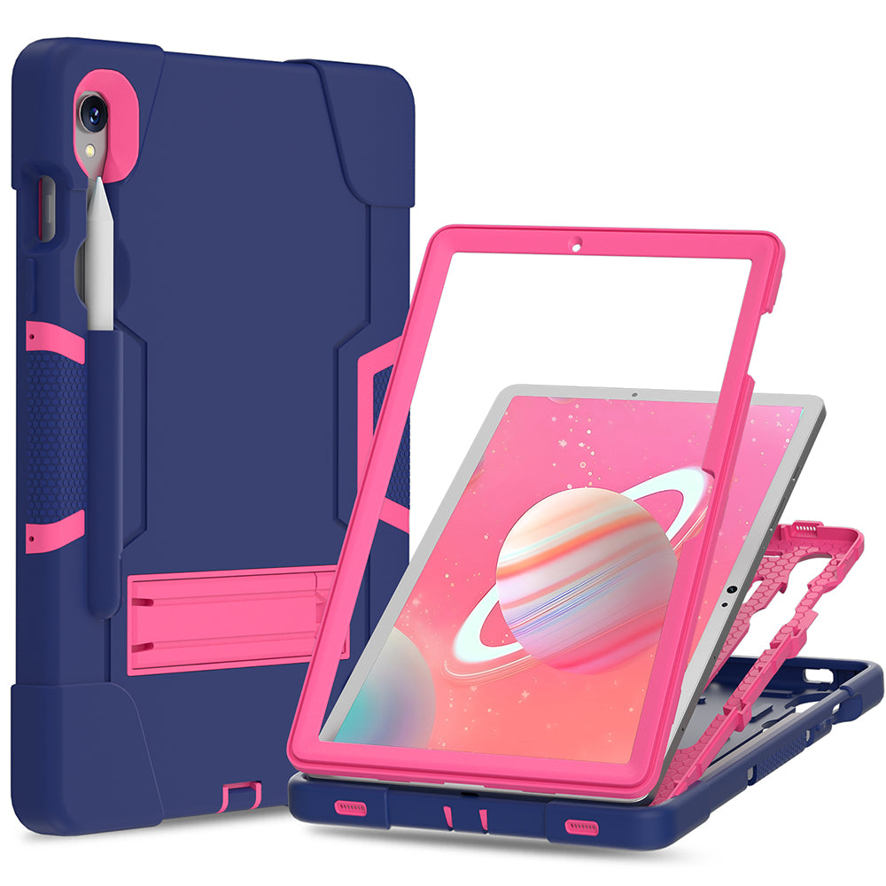 Silicone + PC Tablet Case for Samsung Galaxy Tab S9 SM-X710 / S9 FE SM-X510 Robot Style Dual Color Kickstand Cover - Navy Blue / Rose Red