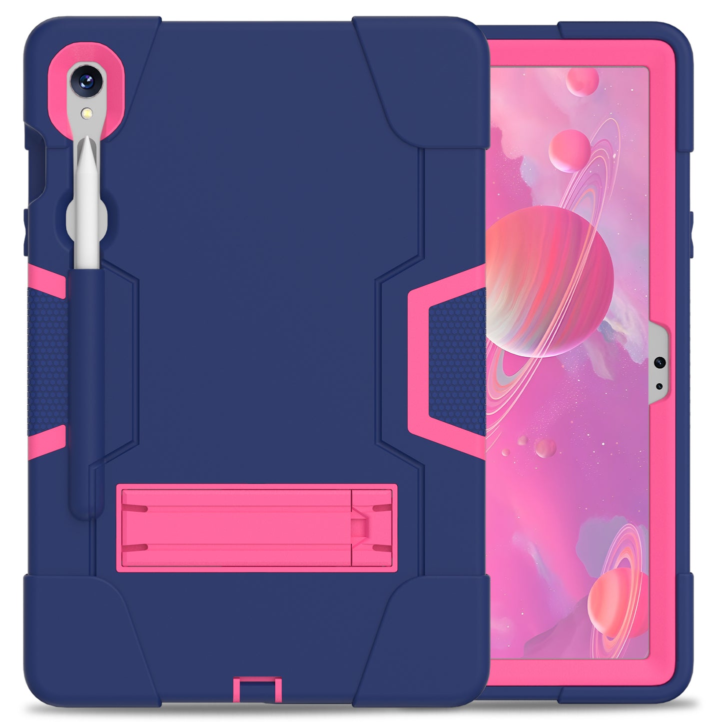 Silicone + PC Tablet Case for Samsung Galaxy Tab S9 SM-X710 / S9 FE SM-X510 Robot Style Dual Color Kickstand Cover - Navy Blue / Rose Red