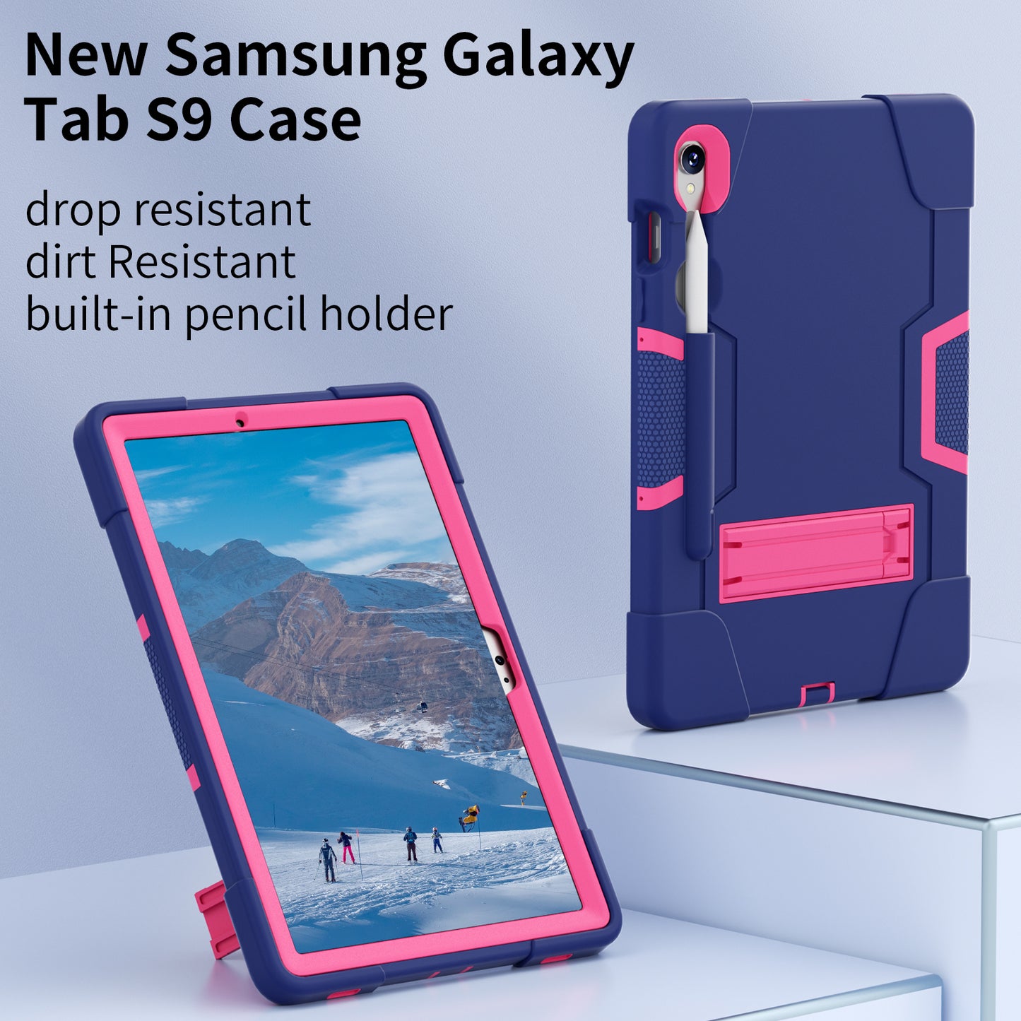 Silicone + PC Tablet Case for Samsung Galaxy Tab S9 SM-X710 / S9 FE SM-X510 Robot Style Dual Color Kickstand Cover - Navy Blue / Rose Red