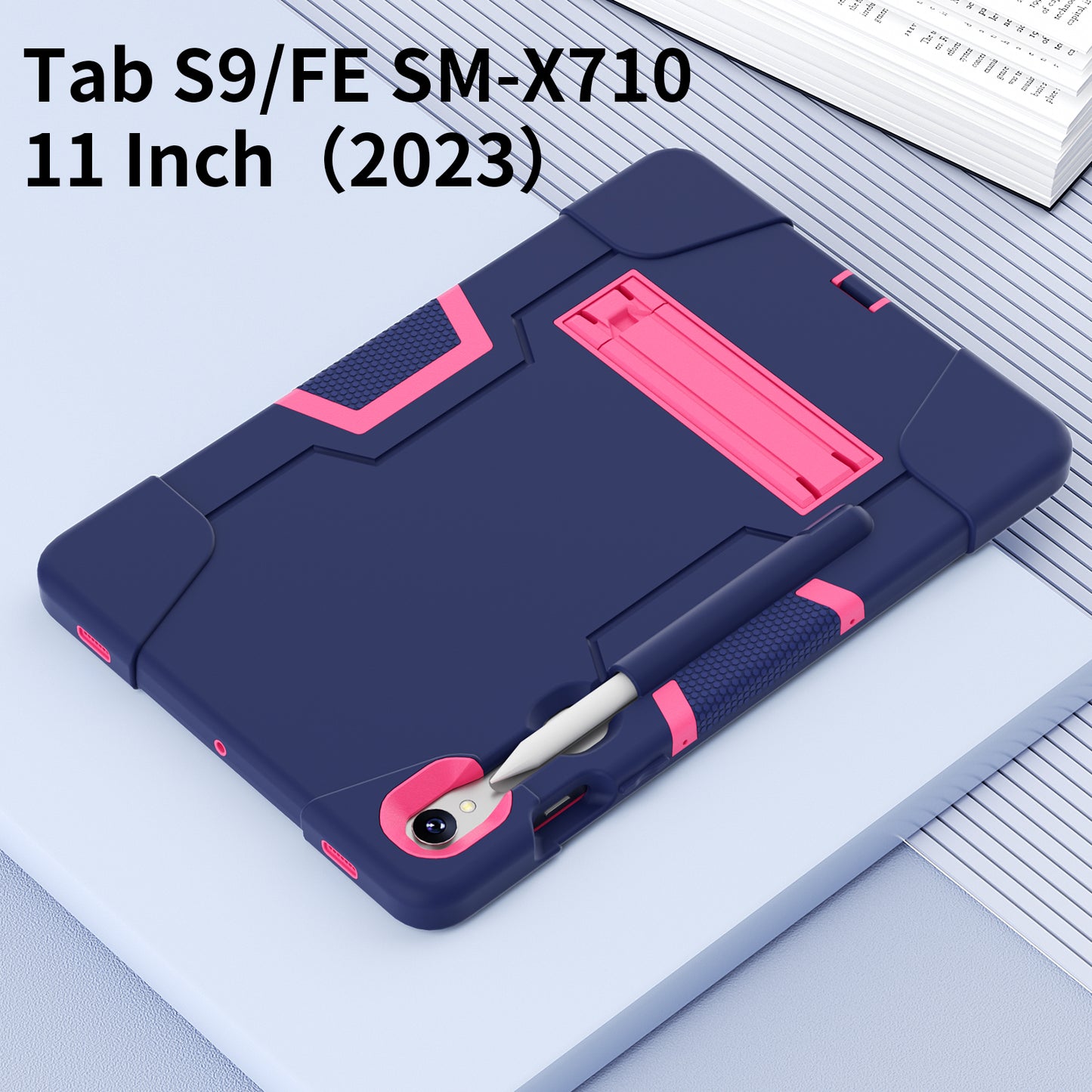 Silicone + PC Tablet Case for Samsung Galaxy Tab S9 SM-X710 / S9 FE SM-X510 Robot Style Dual Color Kickstand Cover - Navy Blue / Rose Red