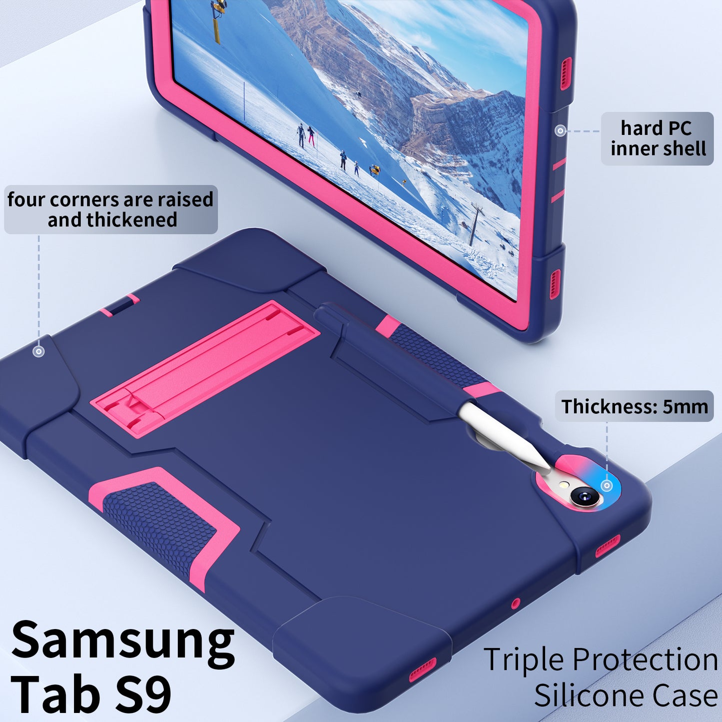 Silicone + PC Tablet Case for Samsung Galaxy Tab S9 SM-X710 / S9 FE SM-X510 Robot Style Dual Color Kickstand Cover - Navy Blue / Rose Red