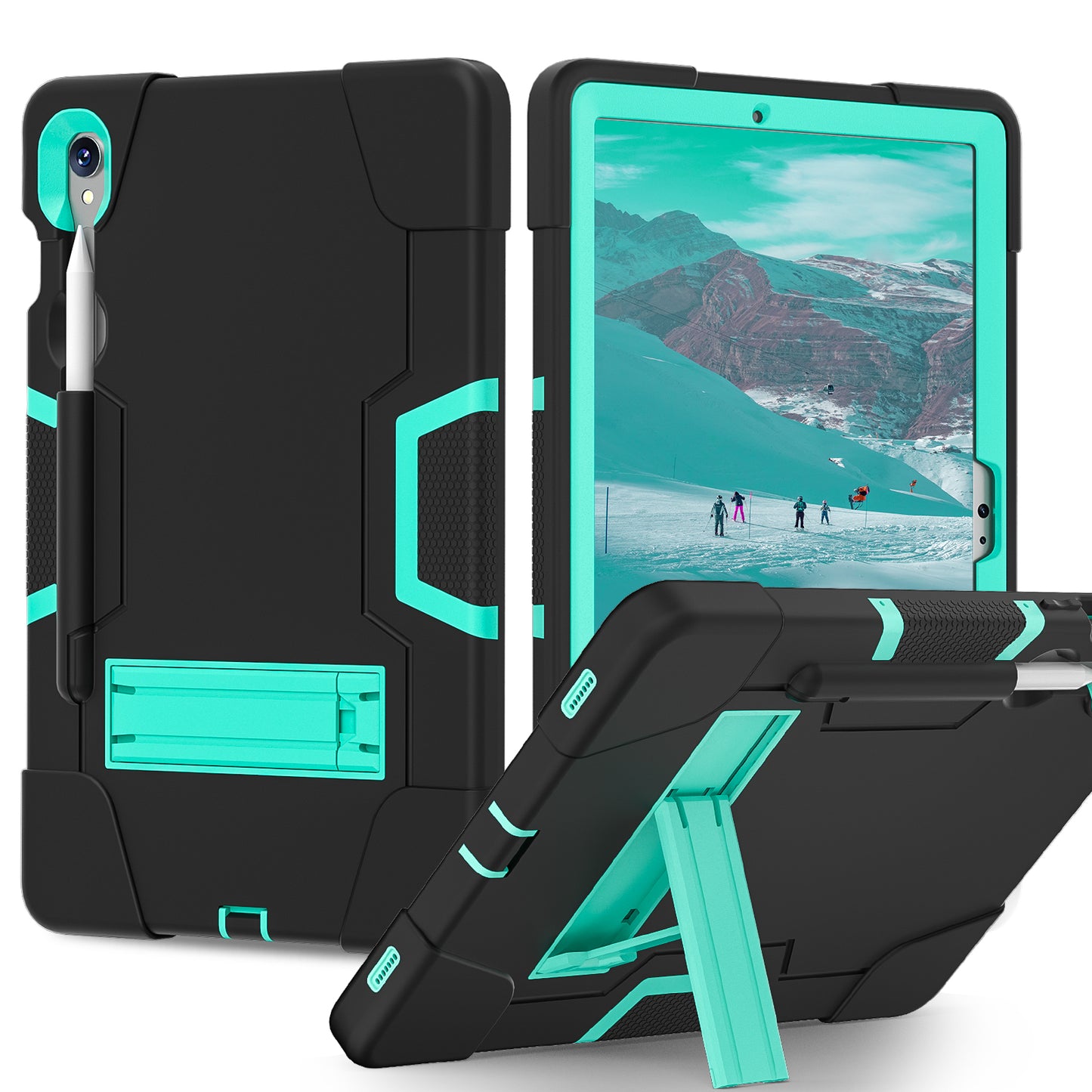 Silicone + PC Tablet Case for Samsung Galaxy Tab S9 SM-X710 / S9 FE SM-X510 Robot Style Dual Color Kickstand Cover - Black / Mint Green