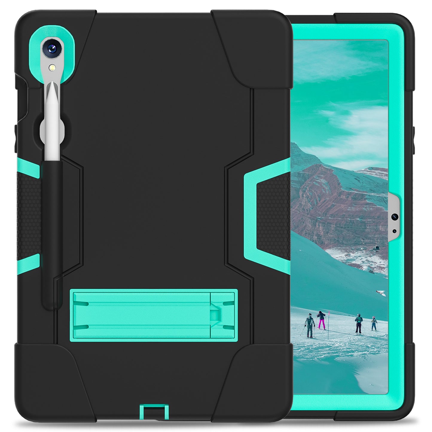 Silicone + PC Tablet Case for Samsung Galaxy Tab S9 SM-X710 / S9 FE SM-X510 Robot Style Dual Color Kickstand Cover - Black / Mint Green