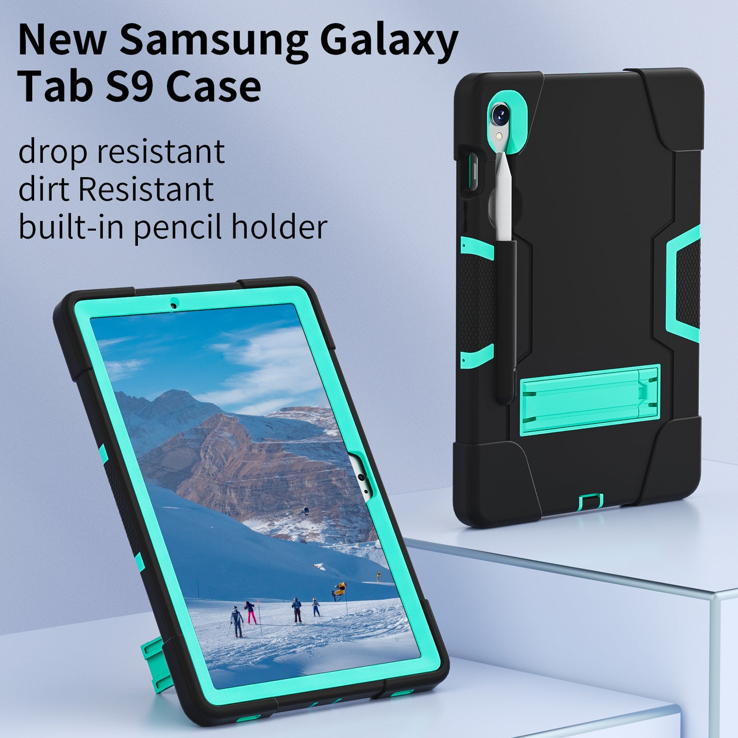 Silicone + PC Tablet Case for Samsung Galaxy Tab S9 SM-X710 / S9 FE SM-X510 Robot Style Dual Color Kickstand Cover - Black / Mint Green