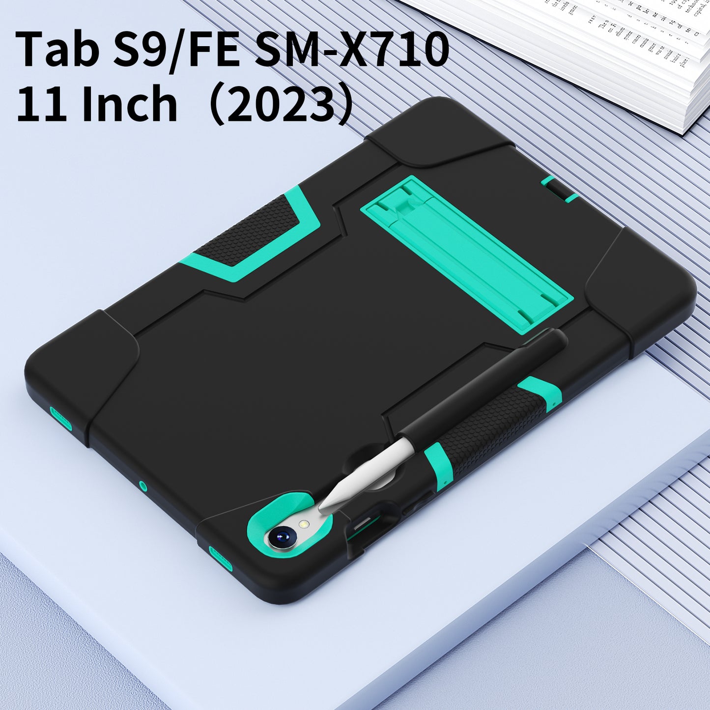 Silicone + PC Tablet Case for Samsung Galaxy Tab S9 SM-X710 / S9 FE SM-X510 Robot Style Dual Color Kickstand Cover - Black / Mint Green