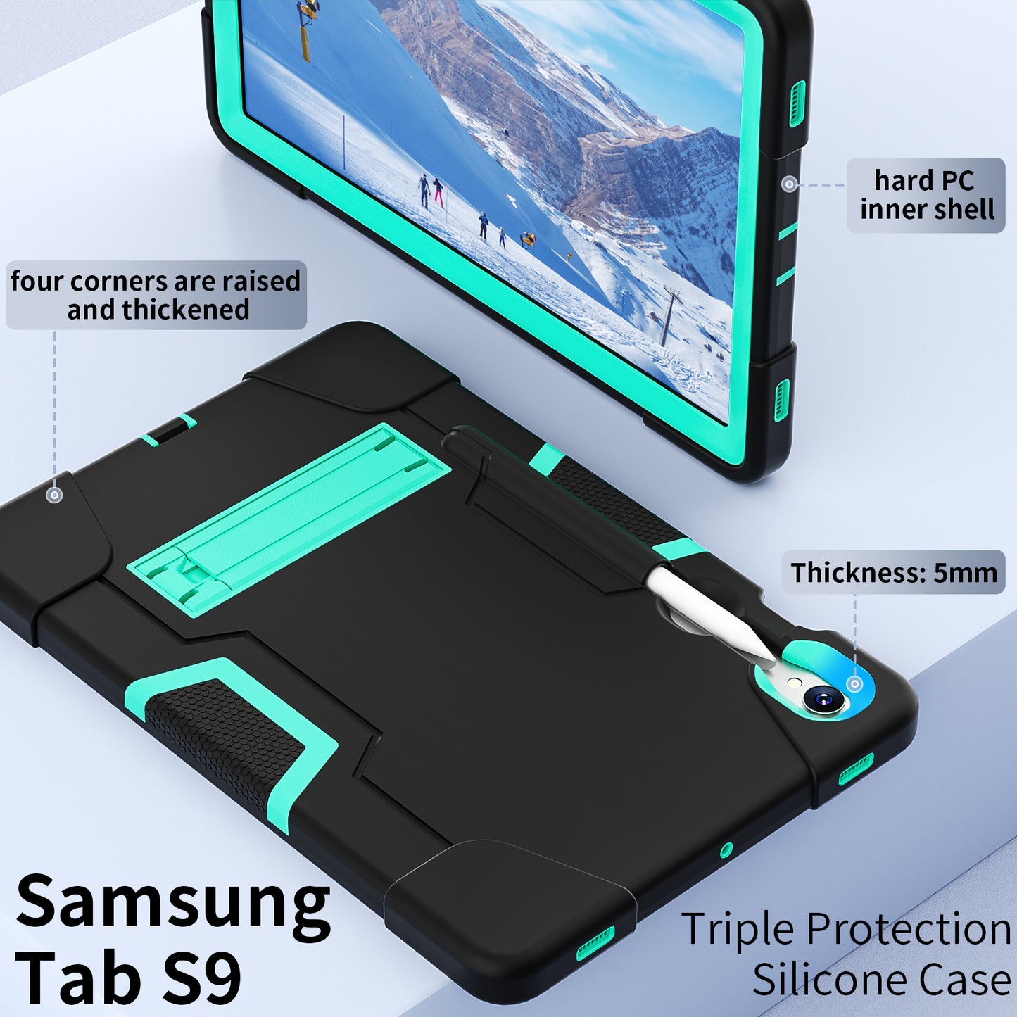 Silicone + PC Tablet Case for Samsung Galaxy Tab S9 SM-X710 / S9 FE SM-X510 Robot Style Dual Color Kickstand Cover - Black / Mint Green