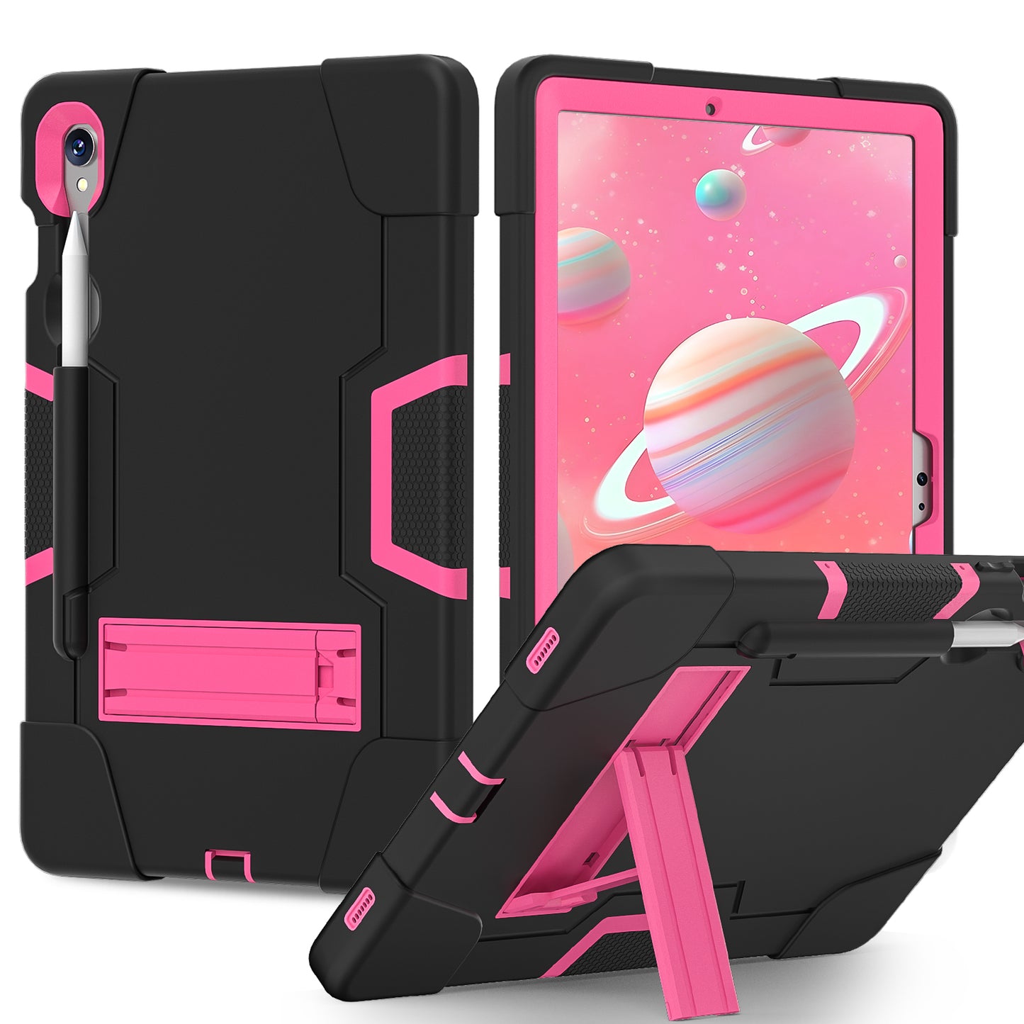 Silicone + PC Tablet Case for Samsung Galaxy Tab S9 SM-X710 / S9 FE SM-X510 Robot Style Dual Color Kickstand Cover - Black / Rose Red