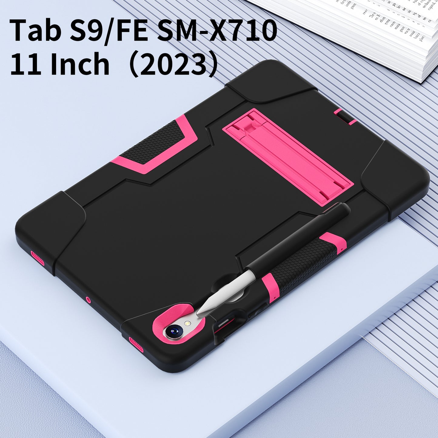 Silicone + PC Tablet Case for Samsung Galaxy Tab S9 SM-X710 / S9 FE SM-X510 Robot Style Dual Color Kickstand Cover - Black / Rose Red