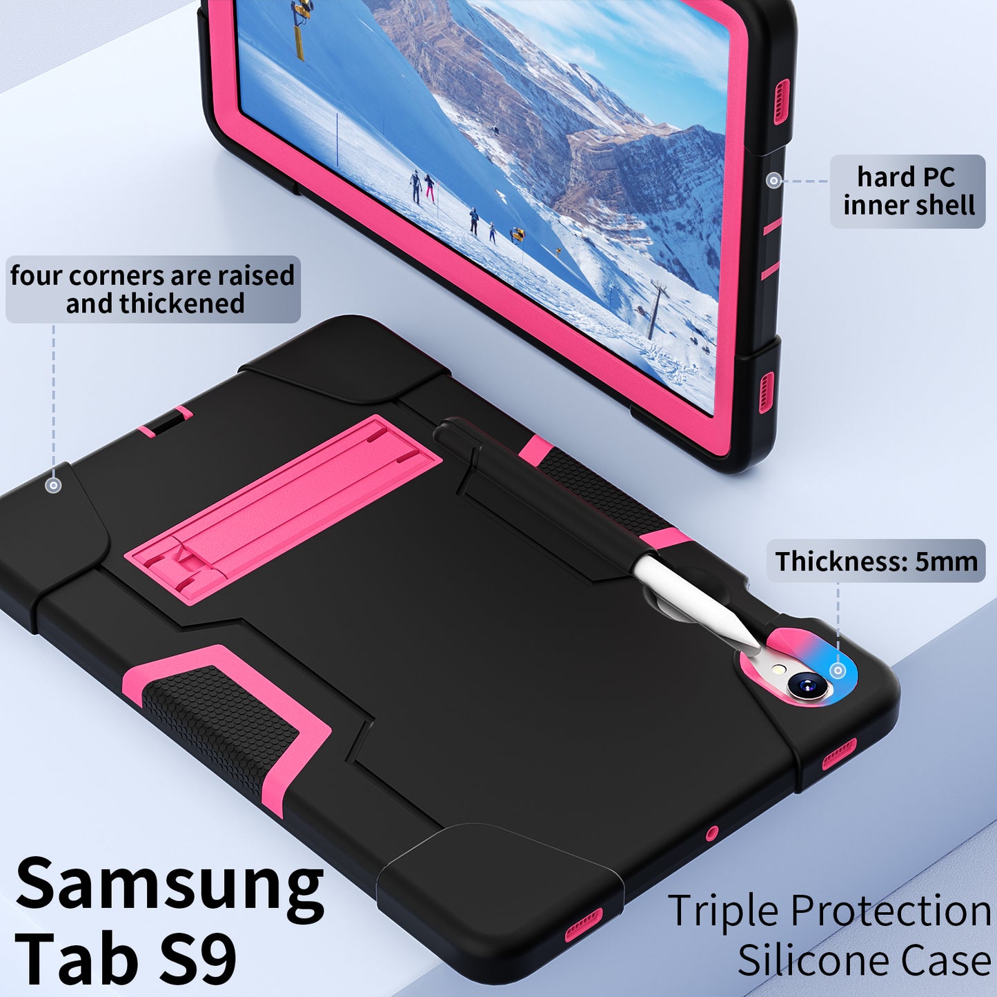 Silicone + PC Tablet Case for Samsung Galaxy Tab S9 SM-X710 / S9 FE SM-X510 Robot Style Dual Color Kickstand Cover - Black / Rose Red