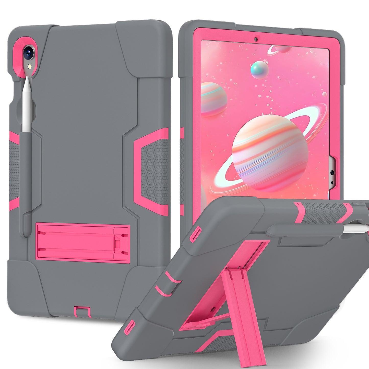 Silicone + PC Tablet Case for Samsung Galaxy Tab S9 SM-X710 / S9 FE SM-X510 Robot Style Dual Color Kickstand Cover - Grey / Rose Red