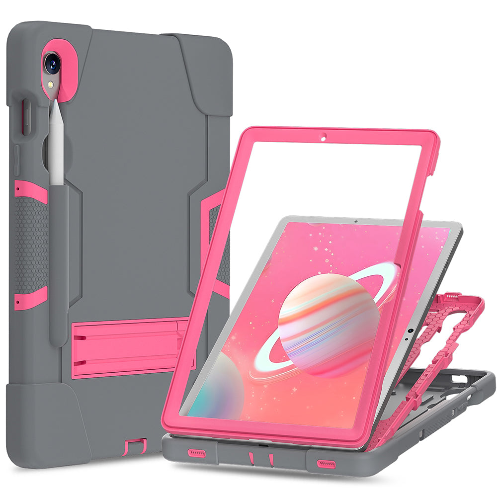 Silicone + PC Tablet Case for Samsung Galaxy Tab S9 SM-X710 / S9 FE SM-X510 Robot Style Dual Color Kickstand Cover - Grey / Rose Red