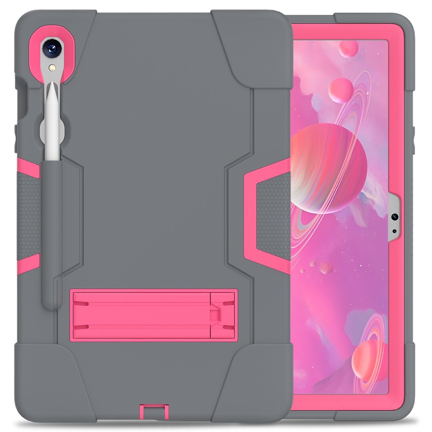 Silicone + PC Tablet Case for Samsung Galaxy Tab S9 SM-X710 / S9 FE SM-X510 Robot Style Dual Color Kickstand Cover - Grey / Rose Red