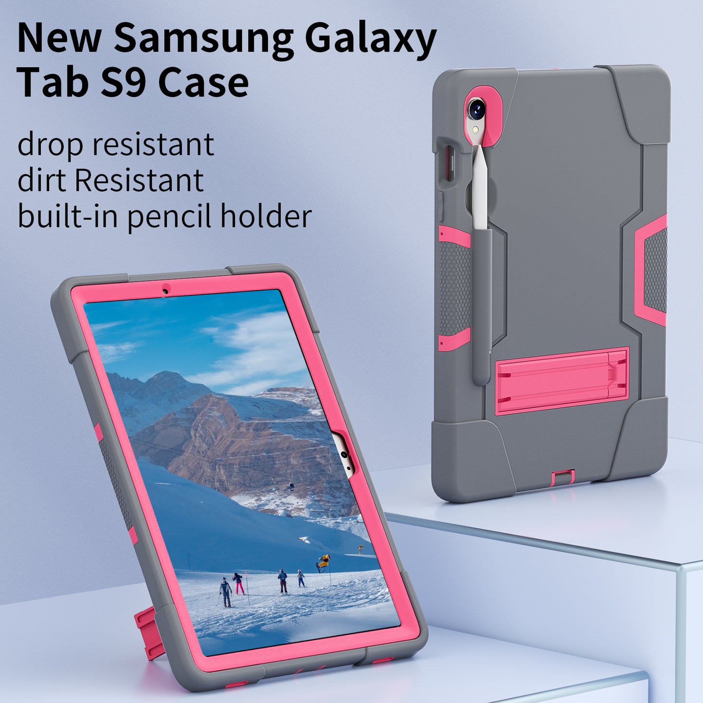 Silicone + PC Tablet Case for Samsung Galaxy Tab S9 SM-X710 / S9 FE SM-X510 Robot Style Dual Color Kickstand Cover - Grey / Rose Red