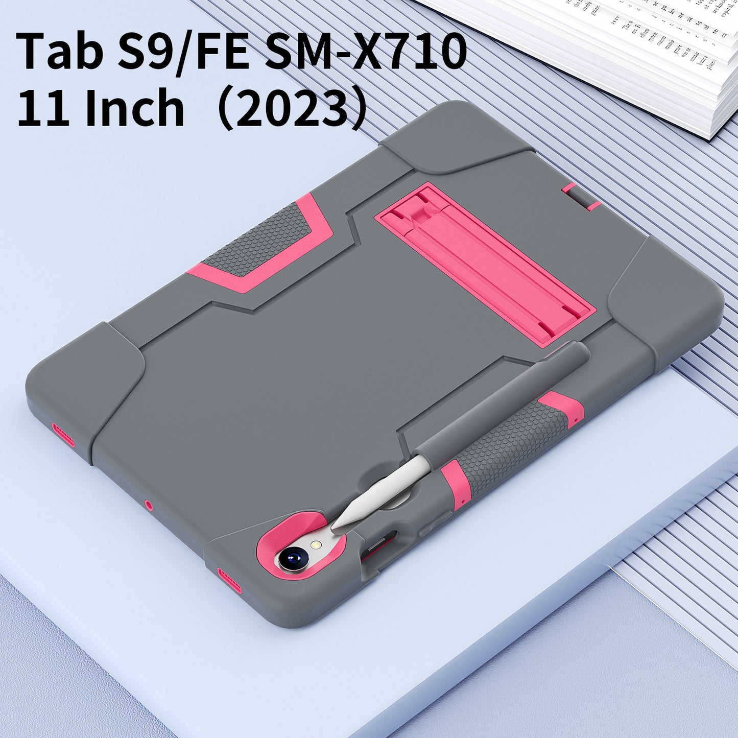 Silicone + PC Tablet Case for Samsung Galaxy Tab S9 SM-X710 / S9 FE SM-X510 Robot Style Dual Color Kickstand Cover - Grey / Rose Red