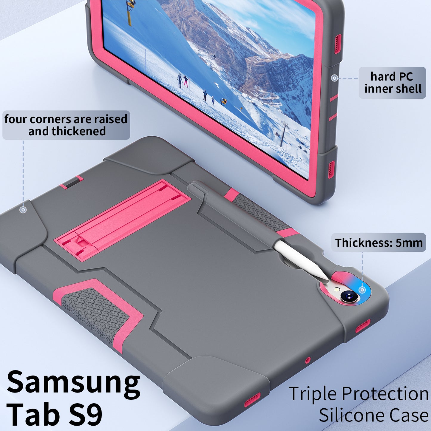 Silicone + PC Tablet Case for Samsung Galaxy Tab S9 SM-X710 / S9 FE SM-X510 Robot Style Dual Color Kickstand Cover - Grey / Rose Red