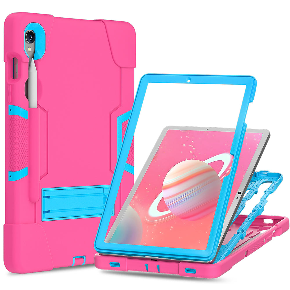 Silicone + PC Tablet Case for Samsung Galaxy Tab S9 SM-X710 / S9 FE SM-X510 Robot Style Dual Color Kickstand Cover - Rose Red / Blue