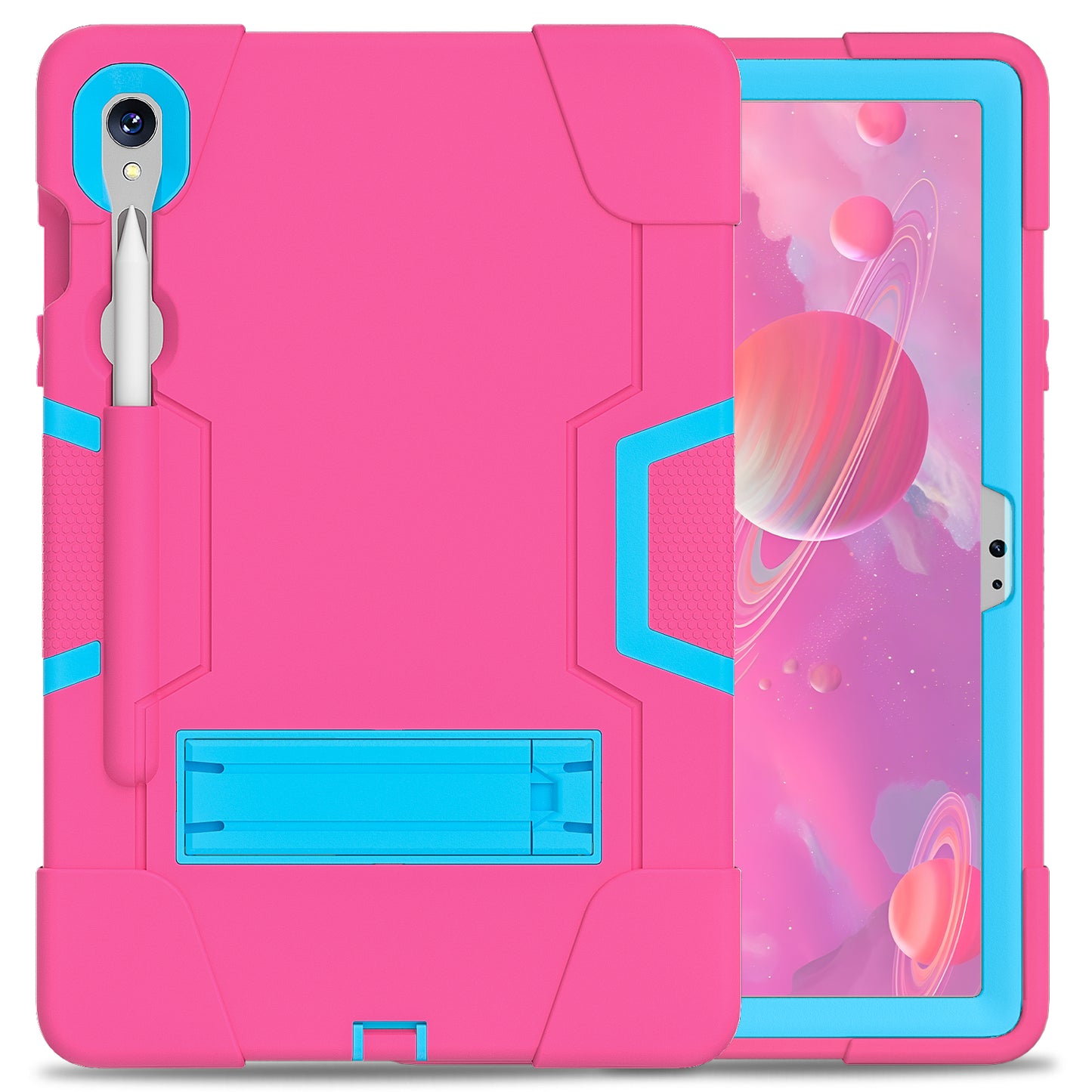 Silicone + PC Tablet Case for Samsung Galaxy Tab S9 SM-X710 / S9 FE SM-X510 Robot Style Dual Color Kickstand Cover - Rose Red / Blue