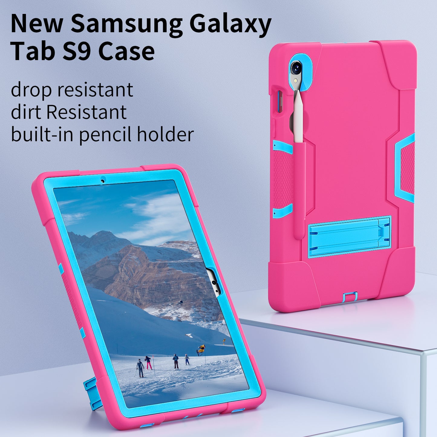 Silicone + PC Tablet Case for Samsung Galaxy Tab S9 SM-X710 / S9 FE SM-X510 Robot Style Dual Color Kickstand Cover - Rose Red / Blue