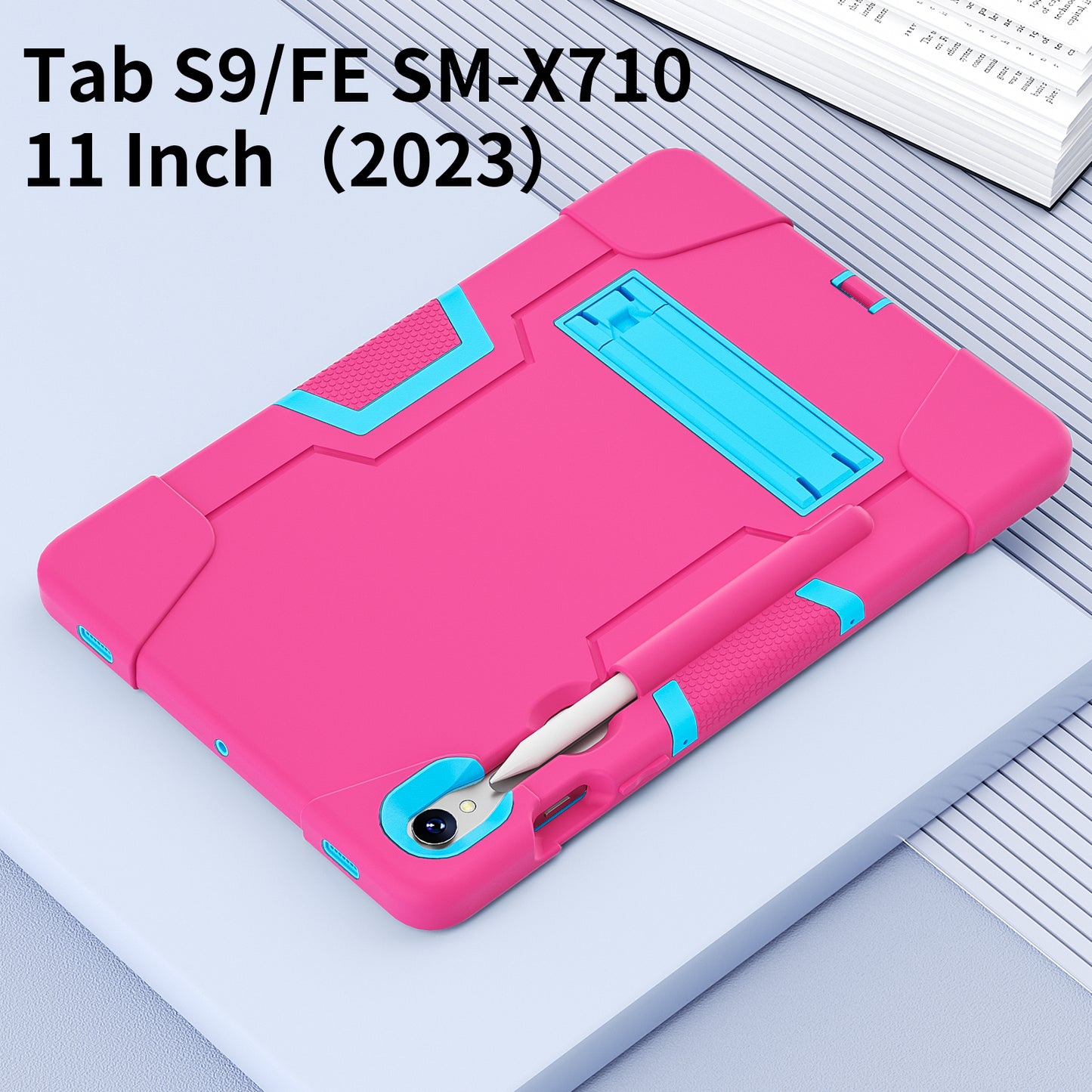Silicone + PC Tablet Case for Samsung Galaxy Tab S9 SM-X710 / S9 FE SM-X510 Robot Style Dual Color Kickstand Cover - Rose Red / Blue
