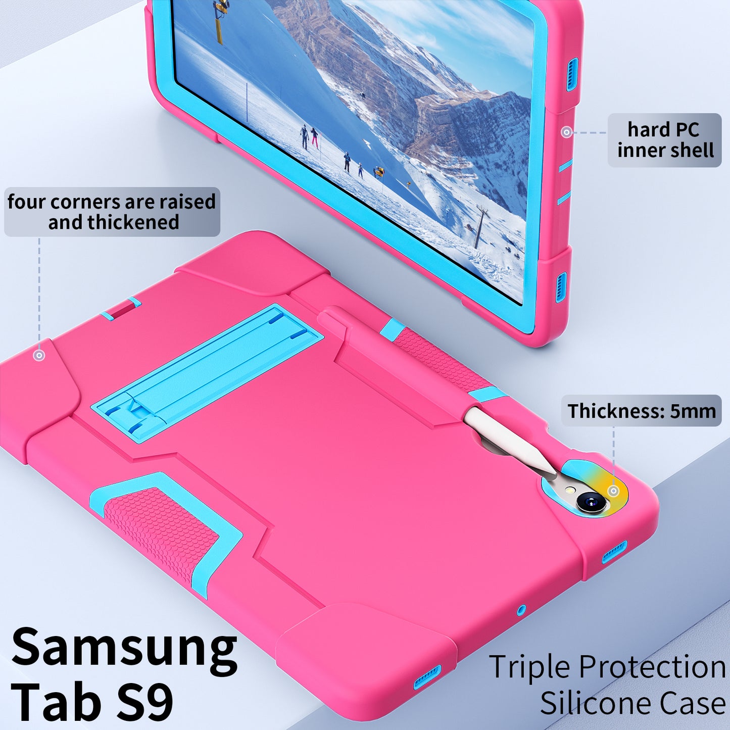 Silicone + PC Tablet Case for Samsung Galaxy Tab S9 SM-X710 / S9 FE SM-X510 Robot Style Dual Color Kickstand Cover - Rose Red / Blue