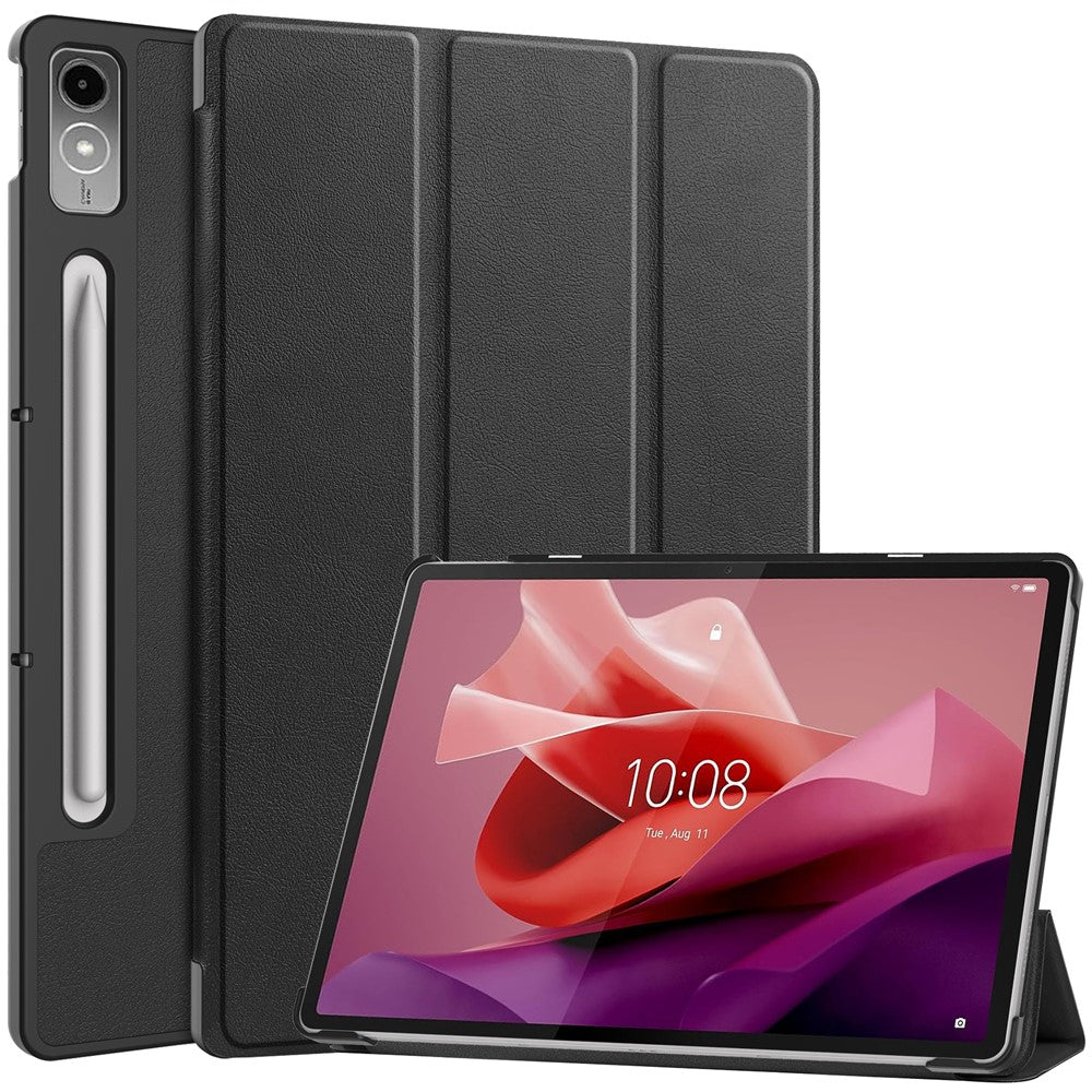For Lenovo Tab P12 PU Leather Case Tri-Fold Stand Full Protection Tablet Cover - Black