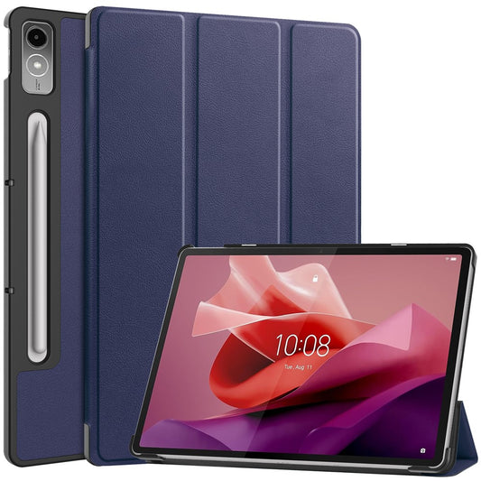 For Lenovo Tab P12 PU Leather Case Tri-fold Stand Full Protection Tablet Cover - Dark Blue