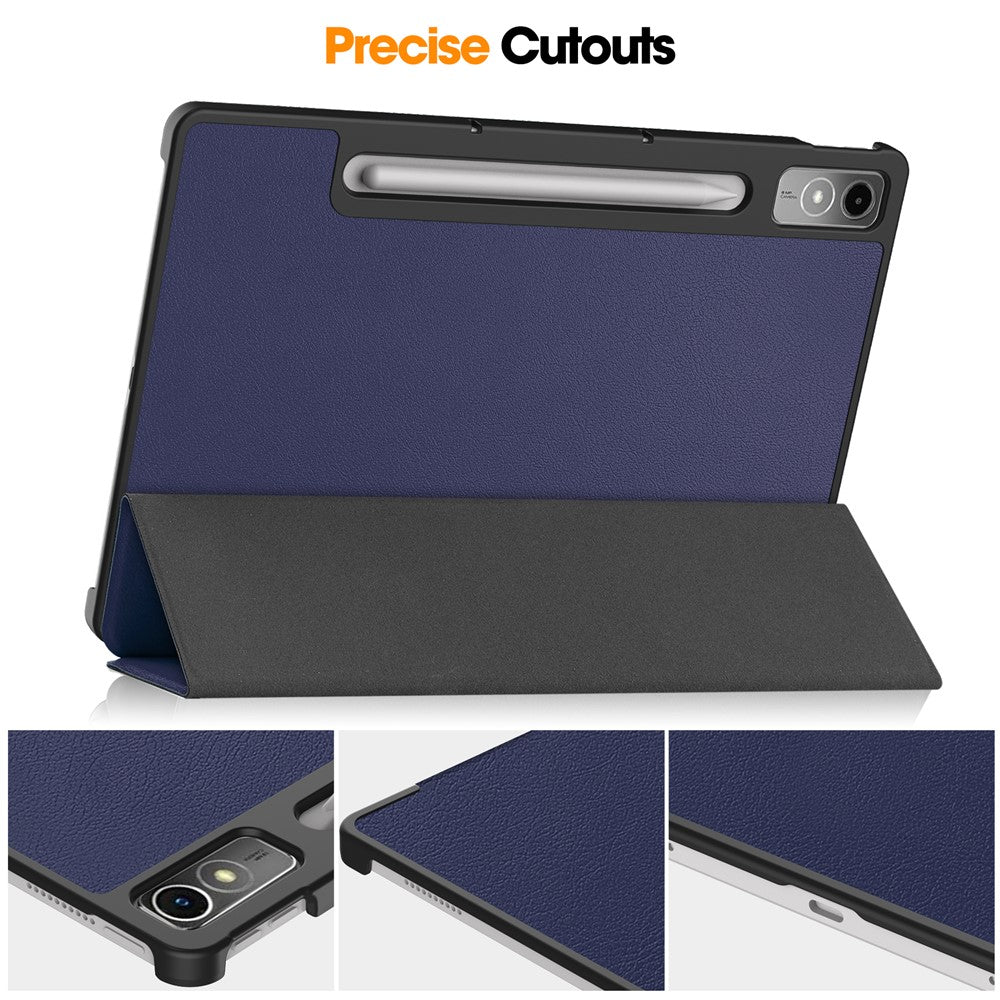 For Lenovo Tab P12 PU Leather Case Tri-fold Stand Full Protection Tablet Cover - Dark Blue