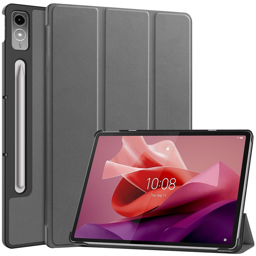 For Lenovo Tab P12 PU Leather Case Tri-fold Stand Full Protection Tablet Cover - Grey