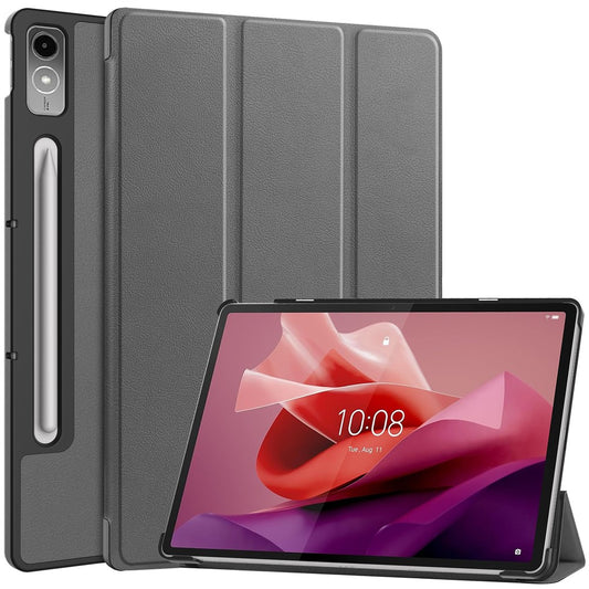 For Lenovo Tab P12 PU Leather Case Tri-fold Stand Full Protection Tablet Cover - Grey