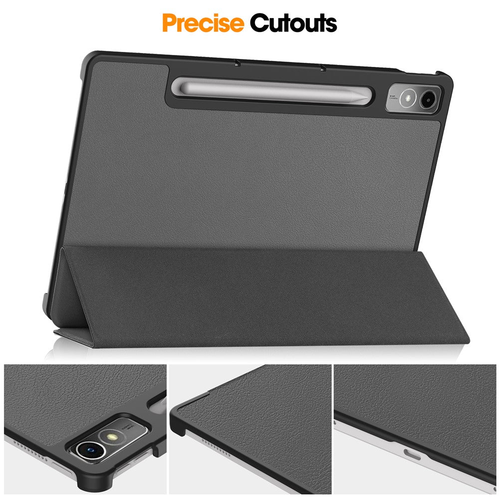 For Lenovo Tab P12 PU Leather Case Tri-fold Stand Full Protection Tablet Cover - Grey