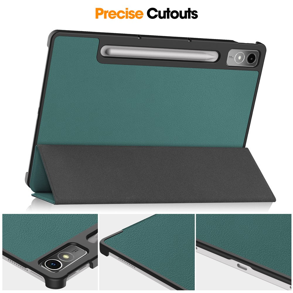 For Lenovo Tab P12 PU Leather Case Tri-fold Stand Full Protection Tablet Cover - Blackish Green