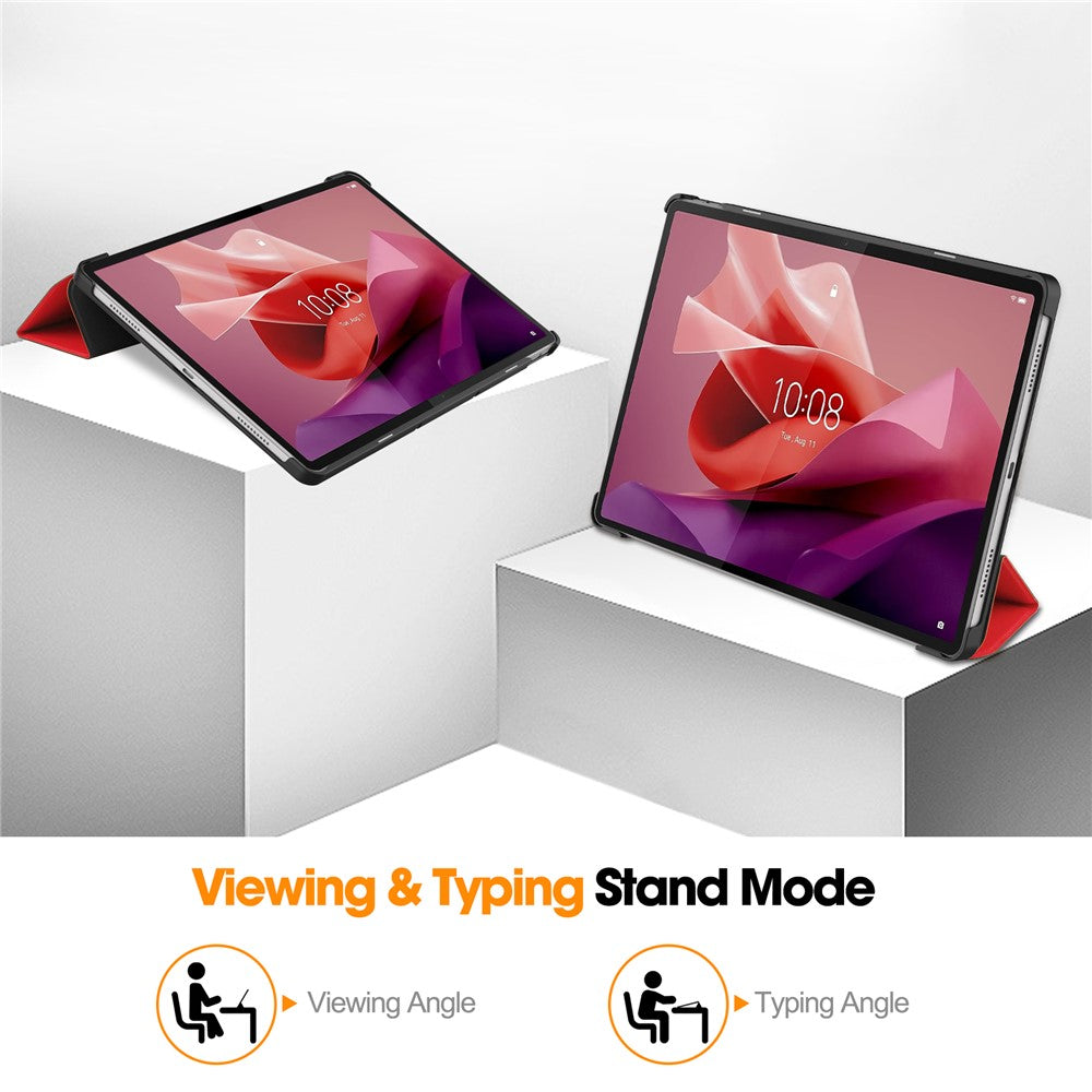For Lenovo Tab P12 PU Leather Case Tri-fold Stand Full Protection Tablet Cover - Red