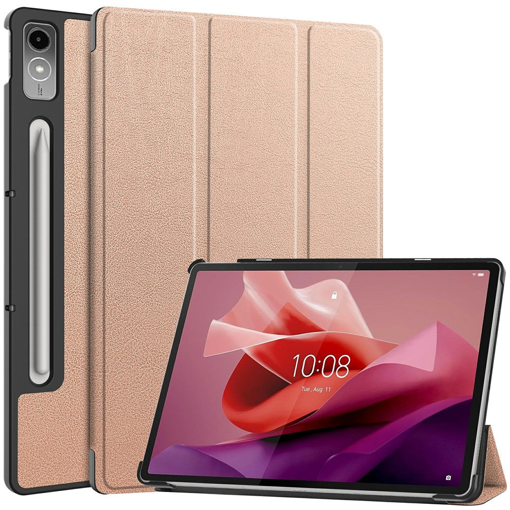 For Lenovo Tab P12 PU Leather Case Tri-fold Stand Full Protection Tablet Cover - Rose Gold