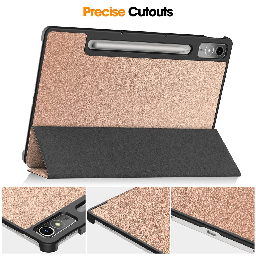 For Lenovo Tab P12 PU Leather Case Tri-fold Stand Full Protection Tablet Cover - Rose Gold